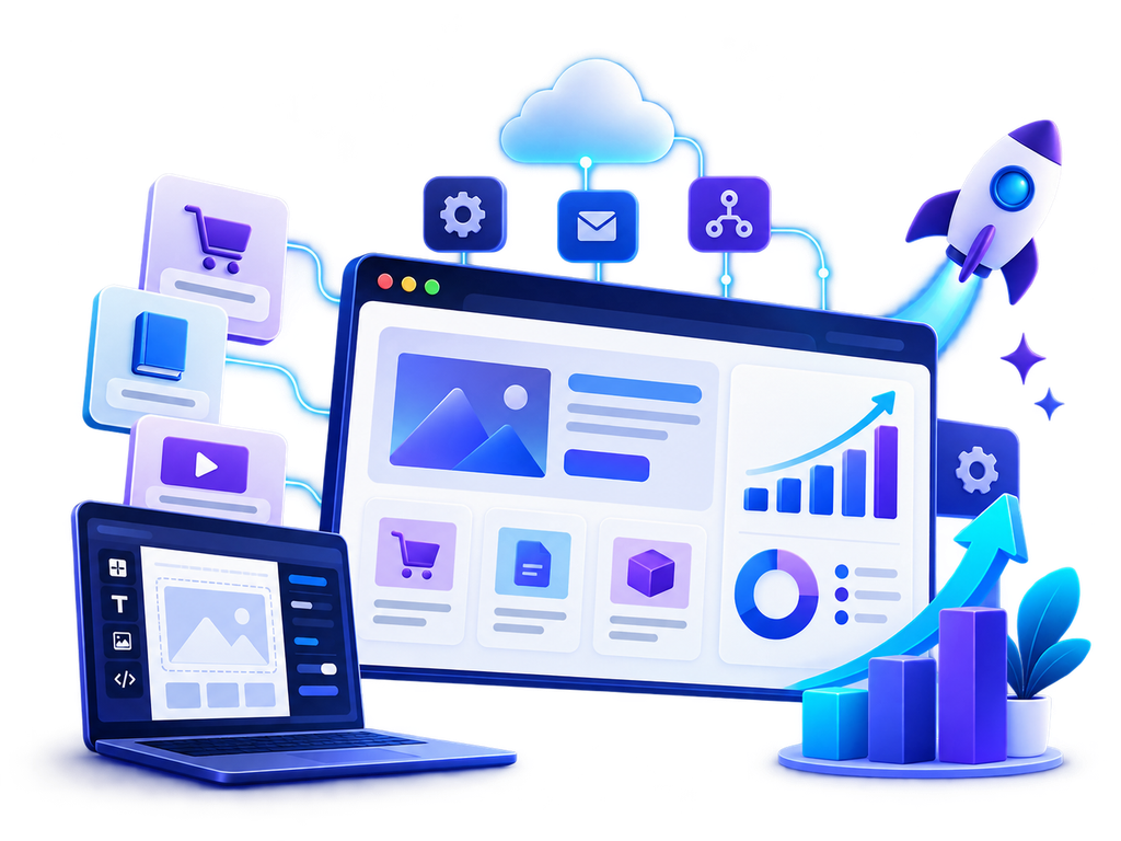 Online business workspace with digital tools and website planning